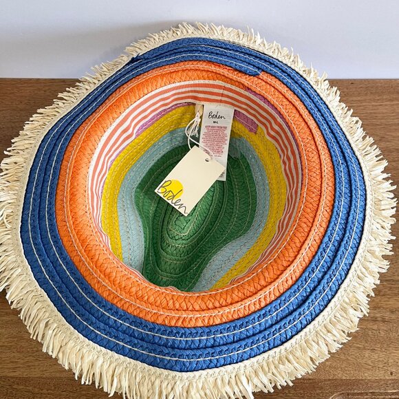 Boden Packable Sea Stripe Staw Fringe Multi-Color Stripe Sun Summer Hat M/L - Picture 8 of 13